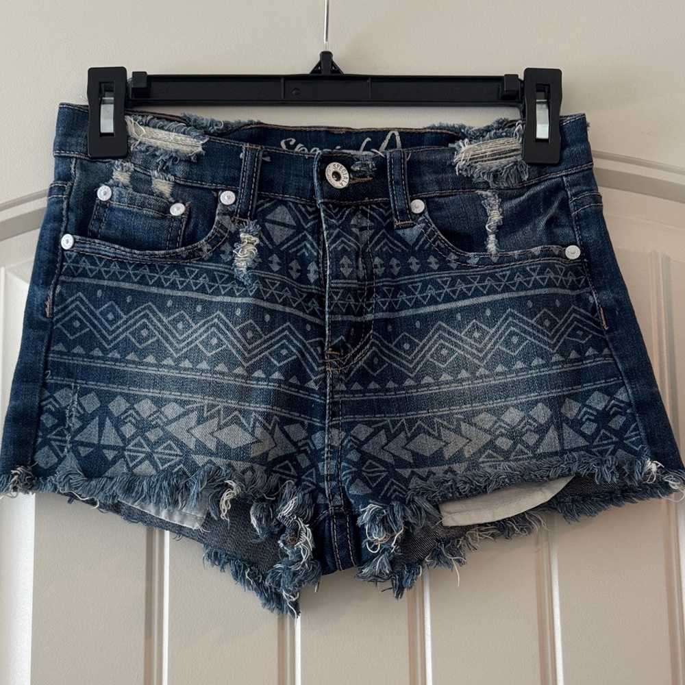 High-Rise Dark Blue Tribal Print Denim Shorts - Women